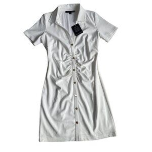 Boston Proper Women's Small Beyond Travel Collared Ruched Shirt Dreses White NWT